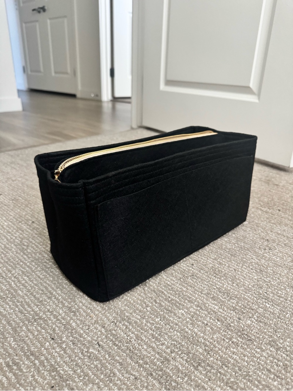 Black Felt Purse Organizer with Gold Zipper for Large Bags